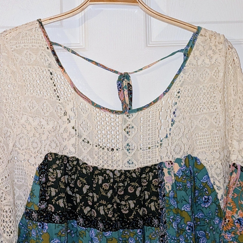Umgee Womens Boho Patchwork Paisley Floral Tunic Top Crochet Lace Cream‎ Teal L - Picture 4 of 7